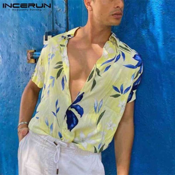

short mouwen turn down kraag chemise incerun summer men printed shirts hawaiian flowers blouse man casual button camisa 5xl, White;black