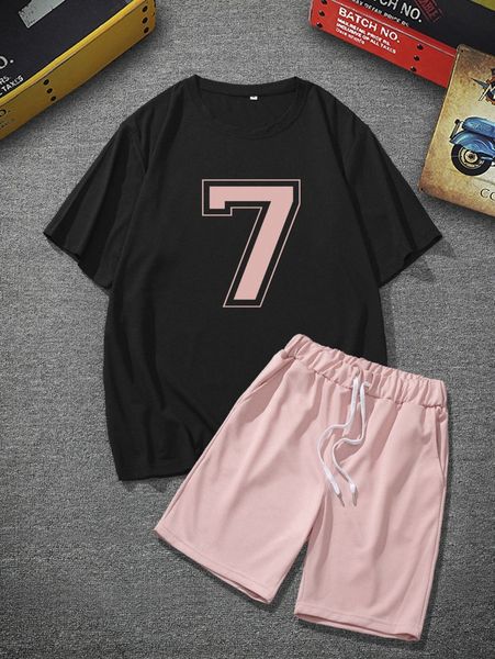 

men number print tee & drawstring waist shorts e8ls#, Gray