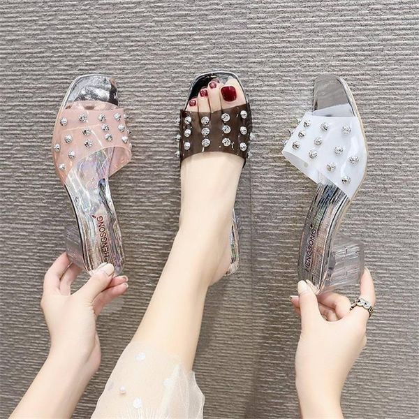 

2020 female high heel sandals solid color shallow mouth fish mouth thick with high heel sandals rivets open toe heels1, Black