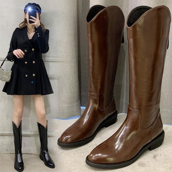 

eoeodoit fashion leather riding boots women low chunky heels autumn winter western booties knee length boot 4 cm, Black