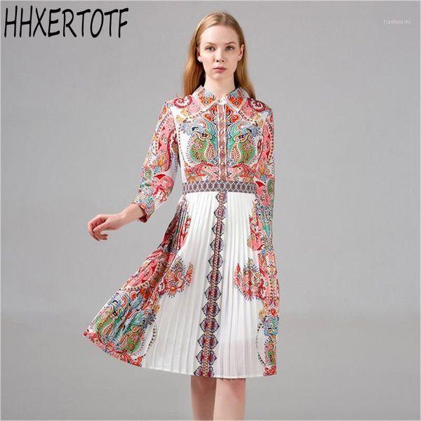 

2020 autumn winter women floral print pleated dress female casual long sleeve turn down neck dresses1, Black;gray