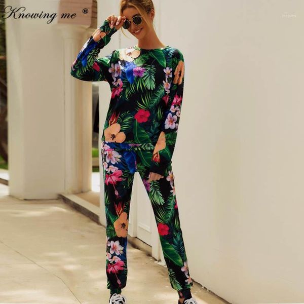 

knowing me 2019 new spring floral print tracksuit set women autumn animals plant print long sleeve hoodies sweatshirt 2pcs sets1, White