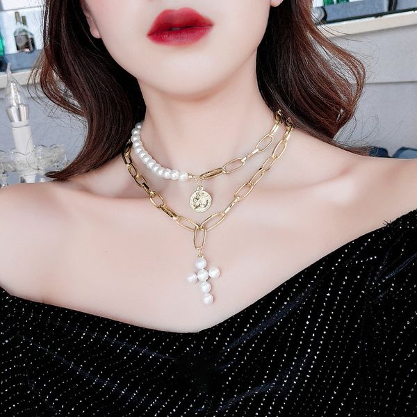 

pearl крест королева монет ожерелье женская личность короткая шея цепь choker, Silver