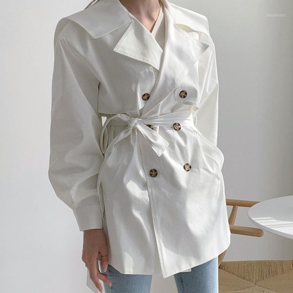 

2021 spring new women vintage oversize white windbreaker with belt lantern sleeve trench coat office lady autumn outwear c0d501t1, Tan;black