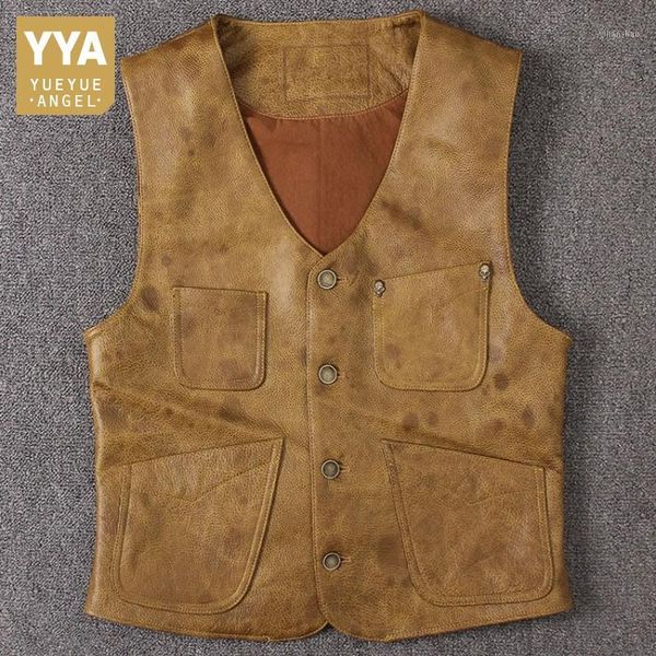 

2019 new men autumn cow real leather vest short sleeveless jacket pockets gilet male luxury leather single breasted waistcoat1, Black;white