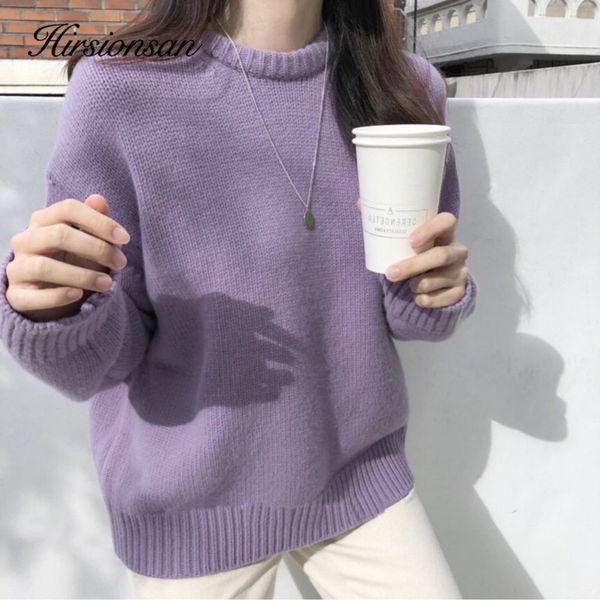 Hirsionsan Candy Color Sweater Mulher 2020 Novo Vintage Coreano Pullovers O Pescoço Solto Soft Macio elegante senhoras roupas LJ201113
