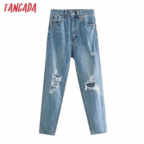 

tangada fashion women hole jeans pants long trousers boyfriend style pockets zipper female pants 4m226 210202, Blue