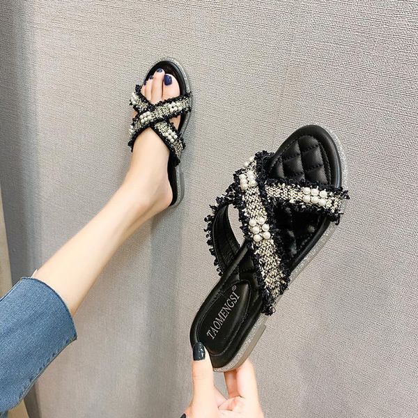 

2020 pearl cross band clear daisy sole slingback women sandals fairy shoes women slippers open toe slip on sandalias size 34-431, Black