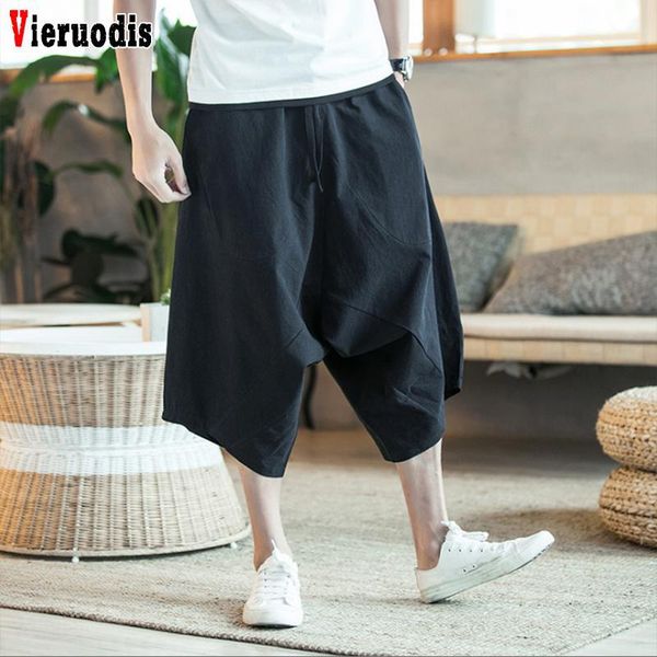 

male wild-leg loose drawstring wide-legged bloomers chinese style flaxen baggy loose large trousers men harajuku harem pants 5xl1, Black