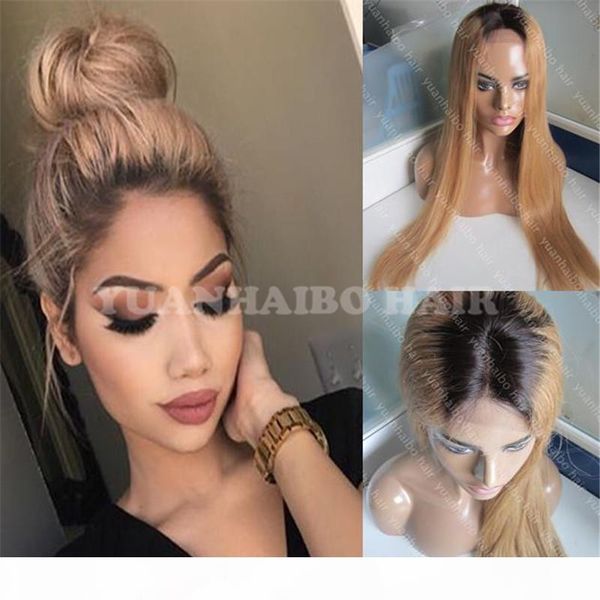 

selling 1bt27 silky straight honey blonde indian hair dark roots ombre full lace wig ing, Black;brown