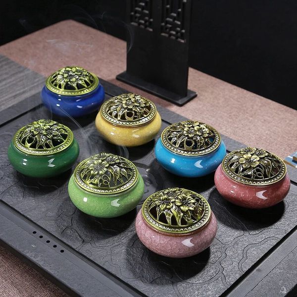 

metal caps ice crack ceramics censer handicraft fragrance lamps fashion universal indoor room incense burner 8 colors