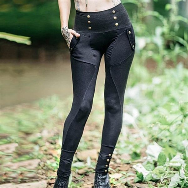 

женщины 2020 середина талии брюки твердые кнопки тонкий pantalon femme вскользь карандаш брюки женщины тощий брюки женская мода streewear, Black