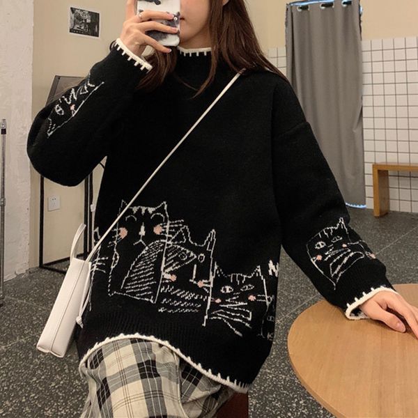 

2021 new korean version sweater autumn winter fashion loose simple cartoons long sleeve turtleneck f6sy, White;black