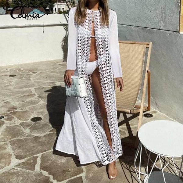 

celmia women lace cover up sheer long kimono cardigan 2020 summer long sleeve transparent hollow beach white shirts 7