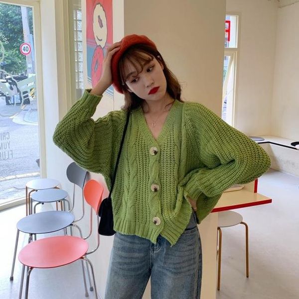 

women's v-neck knit cardigan korean retro cardigan loose loose sweater jacket, White