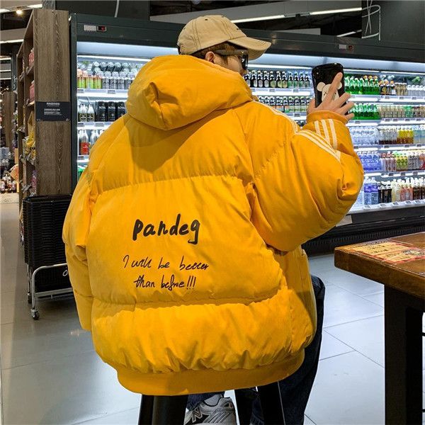 

winter thickened down jacket for men korean version of loose hooded thickened monogrammed teen bread overalls, Black