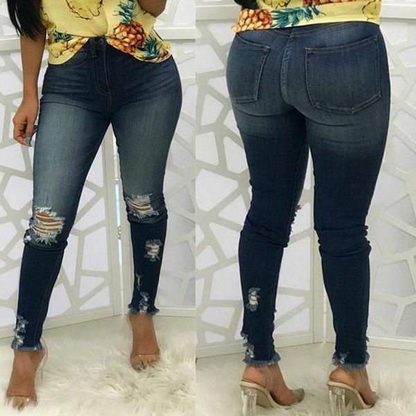 

women's jeans women denim pants holes destroyed knee pencil casual skinny hole high waist elastic plus size, Blue