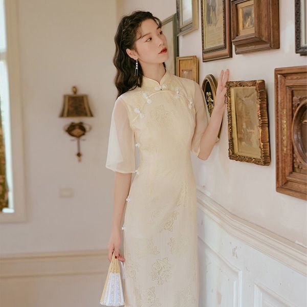 

vintage double-breasted rose buckle high slit half lotus leaf sleeve tea-length a-line beige summer cocktail dresses 9749 party, Black