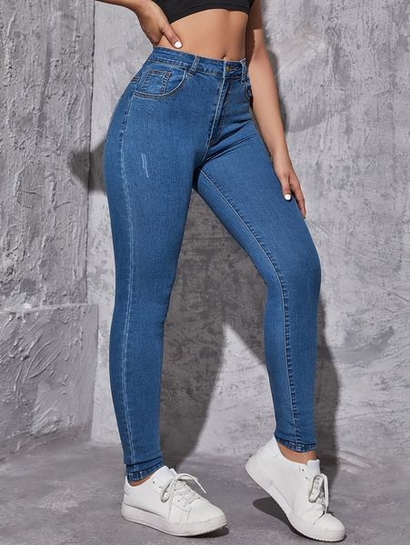 

high waist ripped skinny jeans r65l#, Blue
