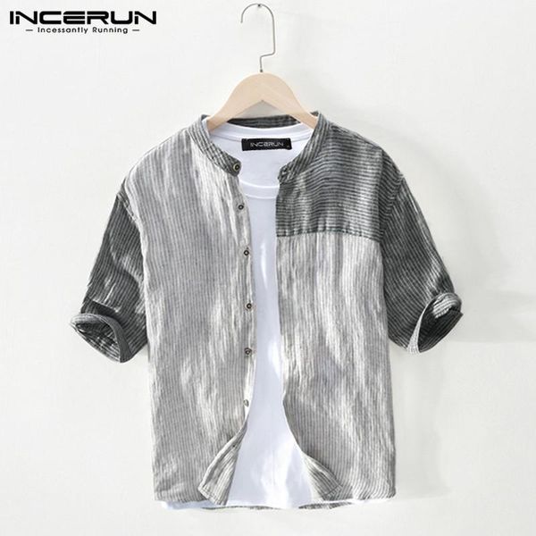 

incerun fashion patchwork shirts men short sleeve stand collar blusas vintage cotton breathable blouse leisure camisa plus size1, White;black