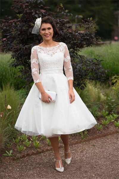 

elegant short country wedding dresses knee length a-line applique lace 3/4 long sleeve simple summer bridal gowns low back bride dress, White