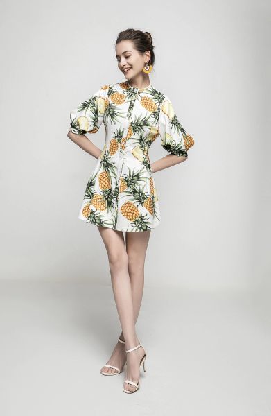 

128 2021 spring a line short sleeve prom fashion crew neck flora print above knee brand same style as, Black