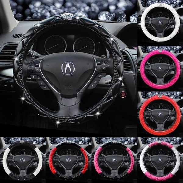 

car steering wheel cover pu luxury crystal crown studded rhinestone leather car steering wheel cover diamond covers