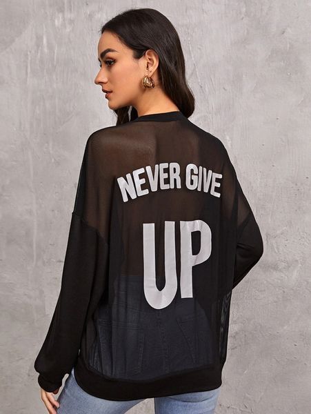 

slogan graphic drop shoulder sheer mesh insert pullover 37i7#, White;black