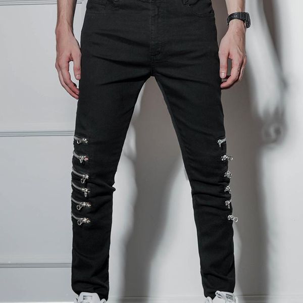 

european and american high street tide brand retro net red hip hop men's casual feet multi-zip slim stretch jeans british, Blue