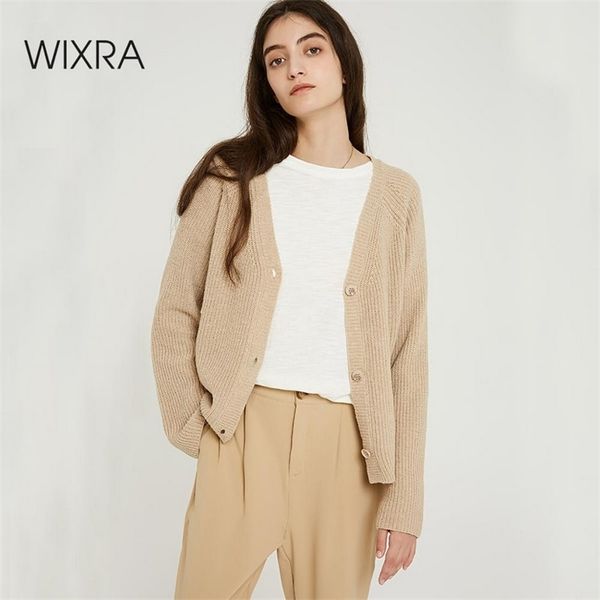 

wixra women stylish knitted cardigan autumn spring pure color v neck flare sleeve button casual ladies sweaters 201222, White;black