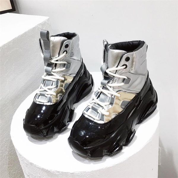 

fashion women's boots winter sports style high-shoes genuine leather platform shoes plus velvet warm sneakers for women 6cm, Black