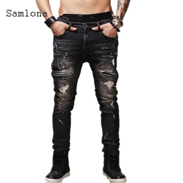 

samlona men jeans denim pants 2020 autumn slim bottoms pant male patchwork hole ripped denim jeans pencil trousers mens clothing, Blue
