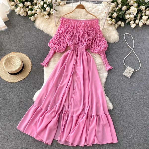 

slash neck off shoulder draped chiffon long dress women purple/white/pink split party vestidos ruffle hem maxi robe new 2022, Black;gray