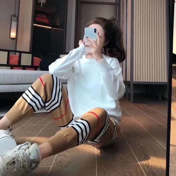 

card color suit] fashion temperament letter knit + card color striped high-waisted trousers s/xl, Gray