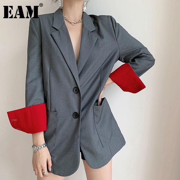 

eam] women gray split joint big size blazer new lapel long sleeve loose fit jacket fashion tide spring autumn 2020 1z410, White;black