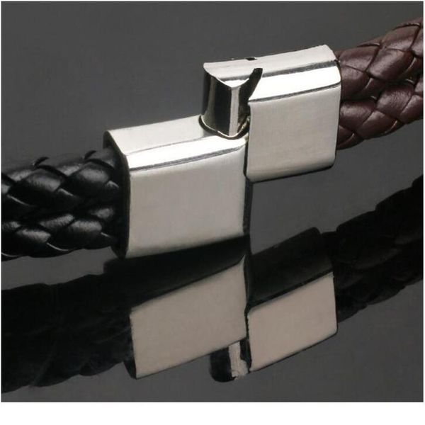 

stainless steel charm bracelet braided black brown genuine leather bracelet for men's hand wristband bbyivu, Golden;silver