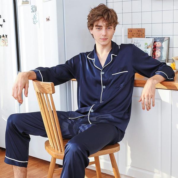 

pajamas men's spring and summer long-sleeved pijama red blue tracksuit set faxu silk explosion pantssleepwear pyjamas men1, Black;brown