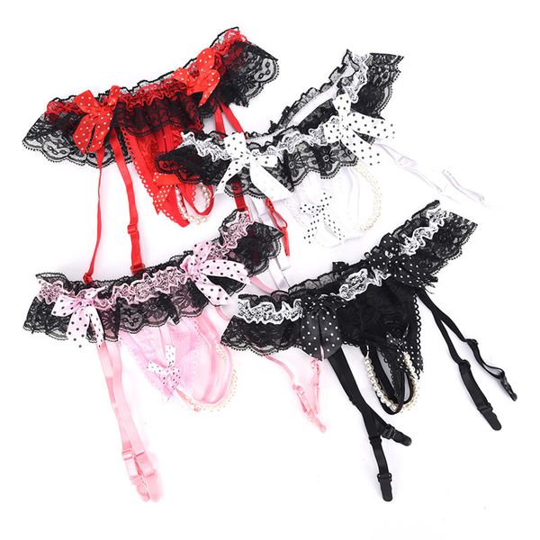 

4 colours belt for stocking black lace suspenders women open crotch pearl panties bow lingerie garter, Black;white