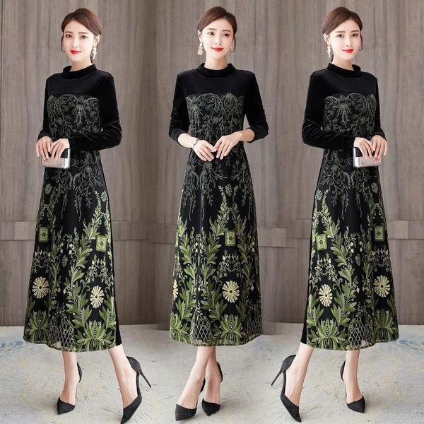 

jxmyy new autumn and winter covering belly heavy embroidery black long-sleeved gold velvet dress female noble western style #ya6o, Black;gray