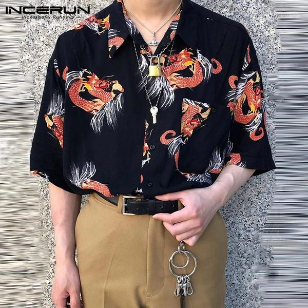 

men's casual shirts incerun fashion men hawaiian shirt short sleeve lapel button beach printing brand camisas streetwear summer chic bl, White;black
