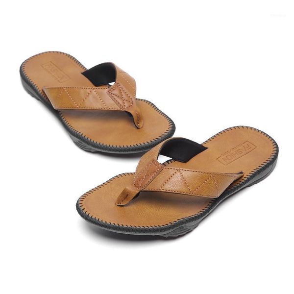

2020 men's leather flip flops summer thong sandals with arch support, soft non-slip beach slippers men pu rubber1, Black