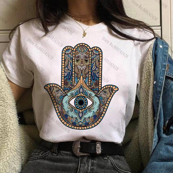 

vogue vintage hamse upward hand blue eyes t shirt women fatima hand downward purple eyes t shirt classic totem graphic, White