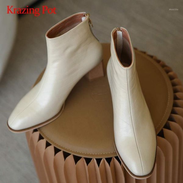 

krazing pot work boots natural leather pendant handmade round toe thick high heel zipper office lady daily wear ankle boots l081, Black