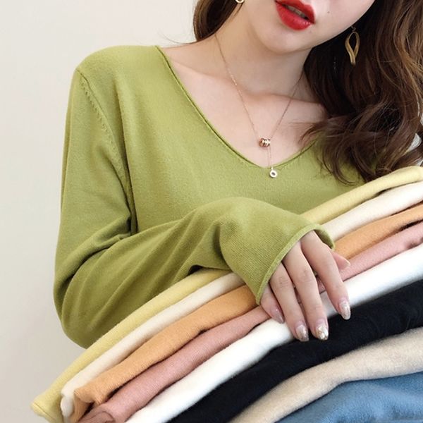 

tx7d2 с 2020 новый стиль износа рыхлой футболки свитер и универсальный футболку осенней нижней верхней и тонкой v-образным вырезом свитер вн, White;black