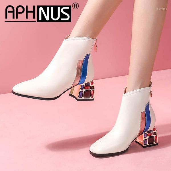 

aphnus womens boots mixed colors rhinestone short ankle booties low mid heels pumpswoman 2020 shoes for women new boot1, Black