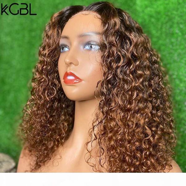 

kgbl ombred curly t-part lace front human hair wigs with baby hair brazilian 150% 180% density 8-24'' non-remy wigs medium ratio, Black;brown