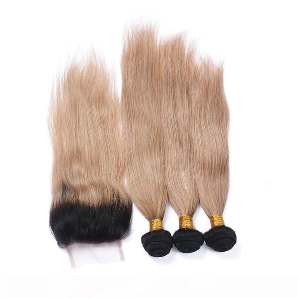 

перуанский honey blonde ombre человеческих волос с кружевом закрытие straight 1b 27 two tone ombre 4x4 фронта шнурка закрытие с 3bundles 4шт, Black;brown