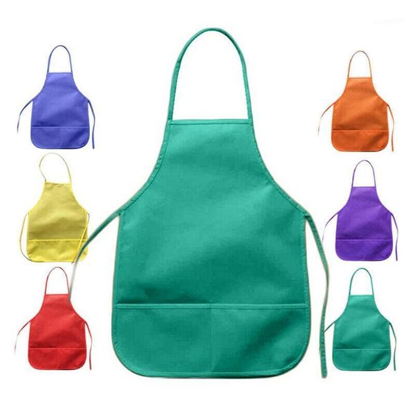 

non-woven fabric colorful kids children aprons waterproof pocket apron kitchen painting pinafore diy art class cover1