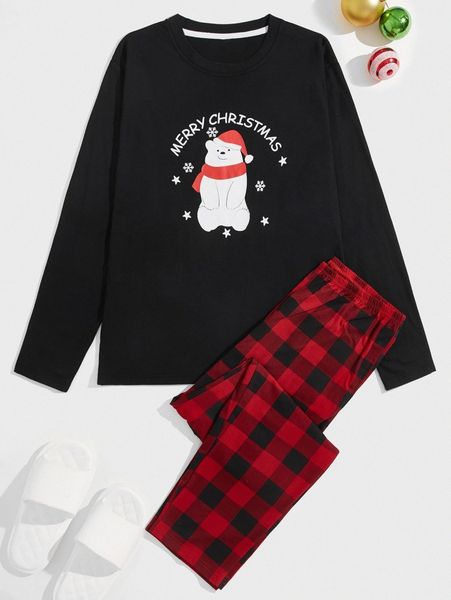 

men christmas and slogan graphic tee & plaid pants lounge set u3mu#, Black;brown
