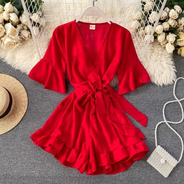 

boho slim ruffles 2021 v neck jumpsuit flare sleeve casual women rompers short summer tie playsuit beach holiday romper, Black;white